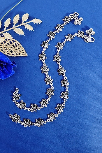 White Finish Peacock Temple Anklets In Sterling Silver