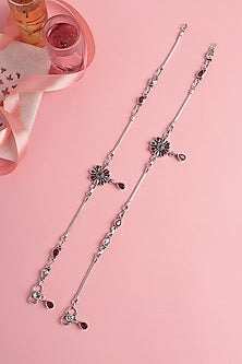 White Finish Onyx & Ruby Stone Temple Anklets In Sterling Silver