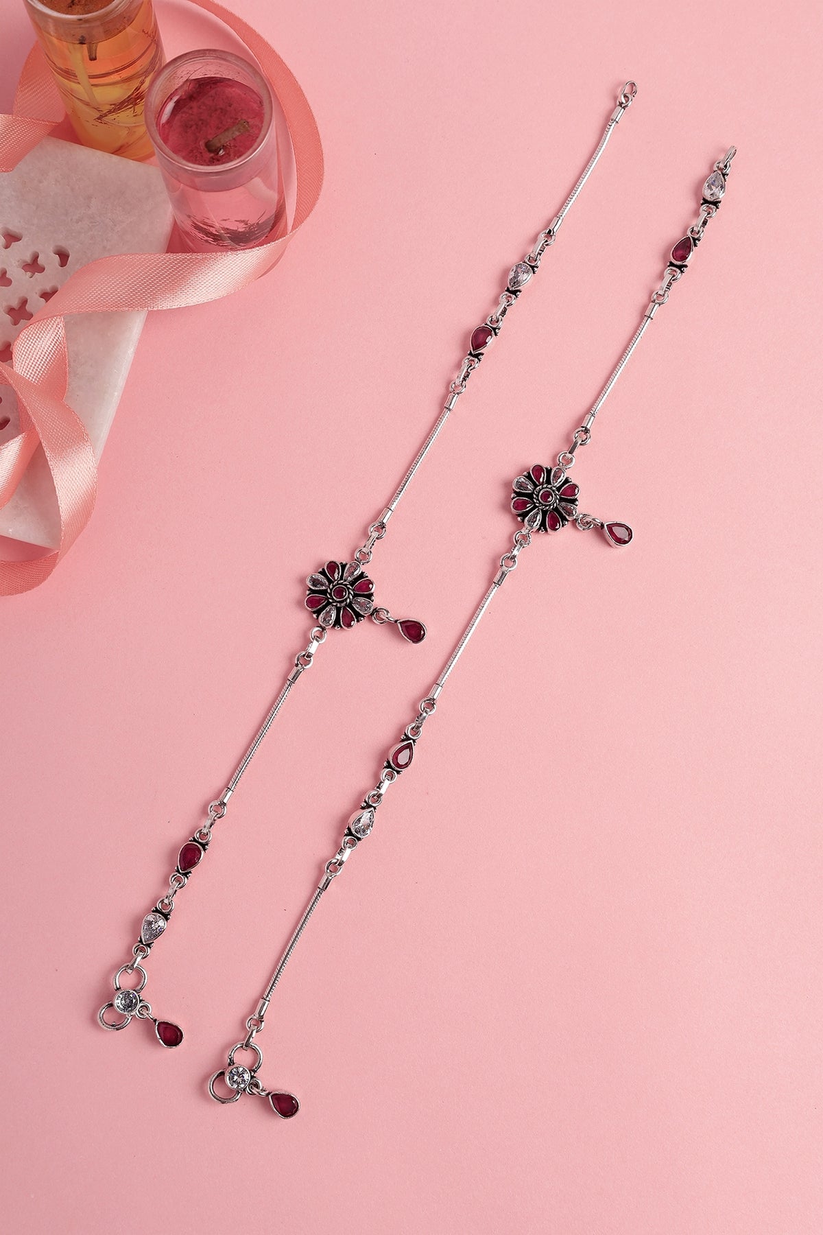 White Finish Onyx & Ruby Stone Temple Anklets In Sterling Silver