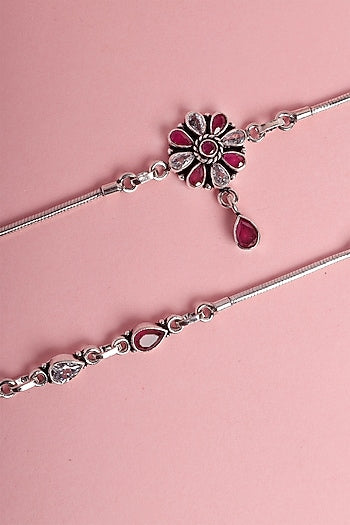 White Finish Onyx & Ruby Stone Temple Anklets In Sterling Silver