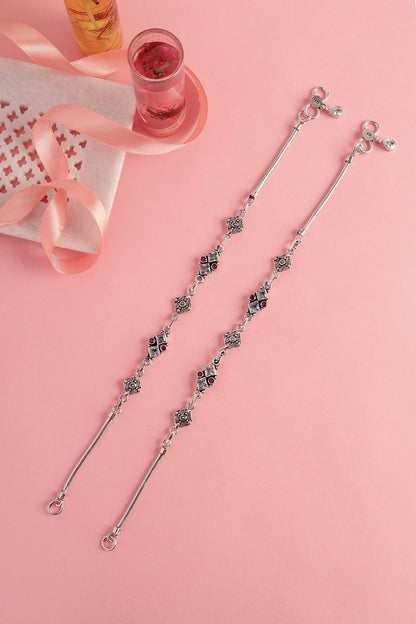 White Finish Red Onyx & CZ Stone Temple Anklets In Sterling Silver