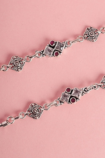 White Finish Red Onyx & CZ Stone Temple Anklets In Sterling Silver
