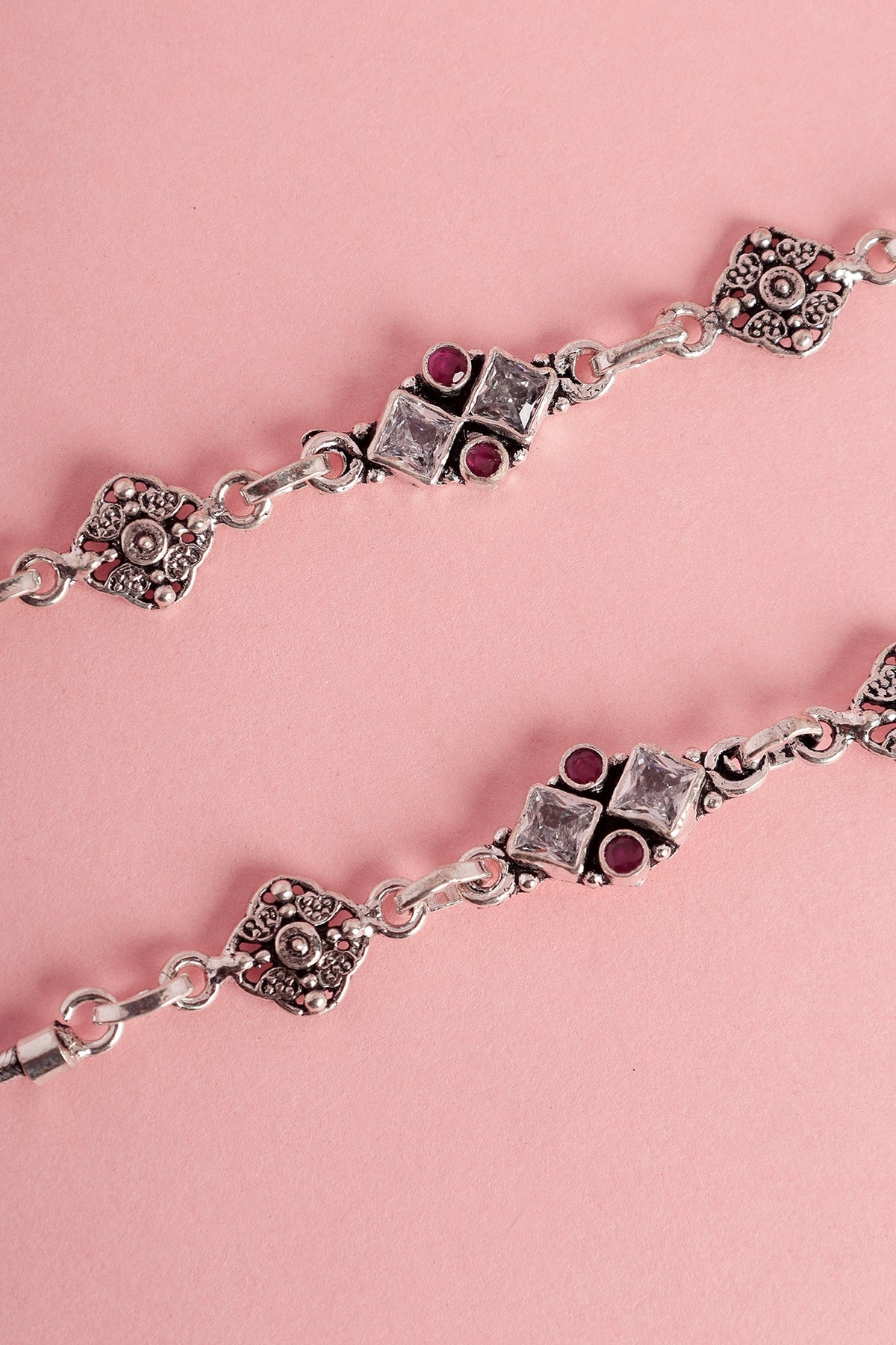 White Finish Red Onyx & CZ Stone Temple Anklets In Sterling Silver