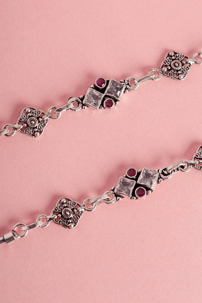 White Finish Red Onyx & CZ Stone Temple Anklets In Sterling Silver