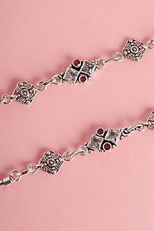 White Finish Red Onyx & CZ Stone Temple Anklets In Sterling Silver