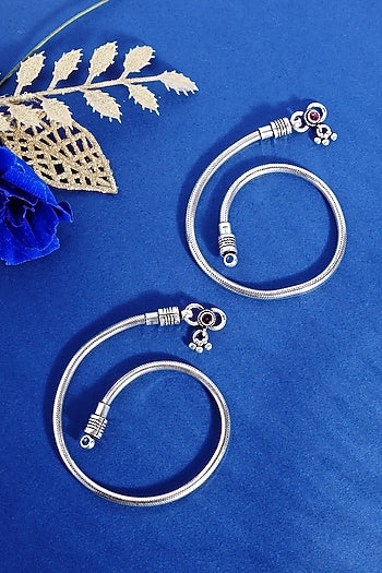 White Finish Snake Temple Anklets In Sterling Silver