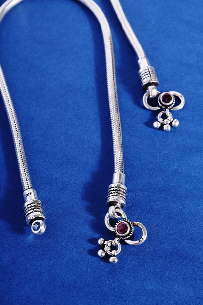 White Finish Snake Temple Anklets In Sterling Silver