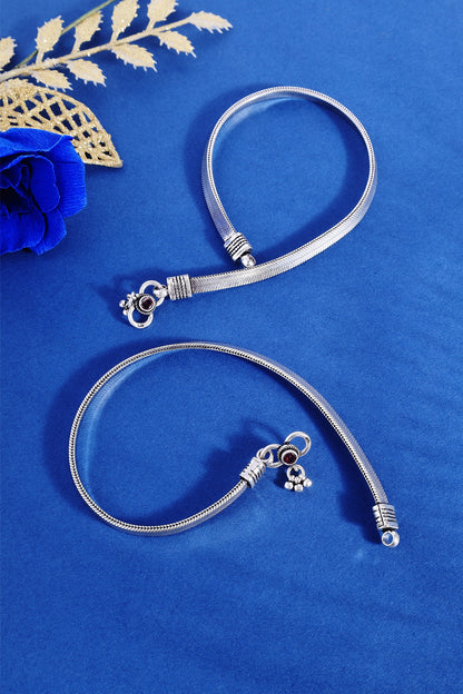 White Finish Flat Snake Temple Anklets In Sterling Silver