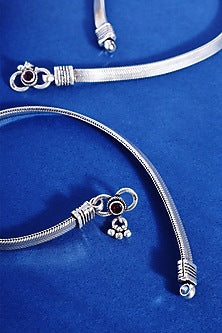 White Finish Flat Snake Temple Anklets In Sterling Silver