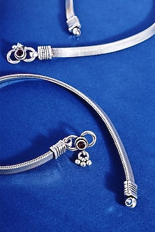 White Finish Flat Snake Temple Anklets In Sterling Silver