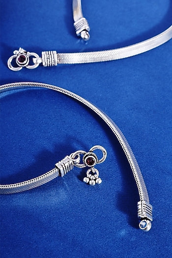 White Finish Flat Snake Temple Anklets In Sterling Silver