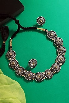 Two-Tone Finish Handcrafted Temple Necklace Set In Sterling Silver