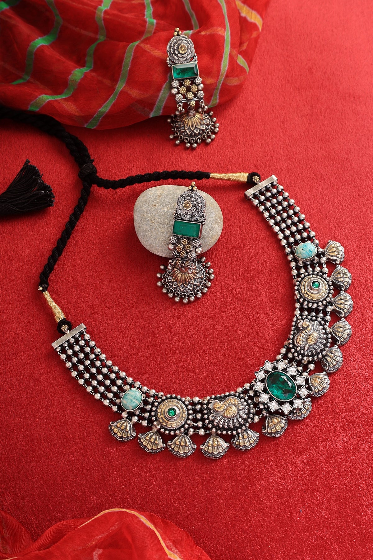 Two-Tone Finish Kemp stone & Green Jade Stone Handcrafted Temple Necklace Set In Sterling Silver