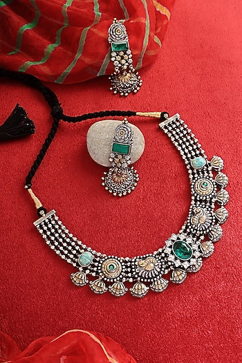 Two-Tone Finish Kemp stone & Green Jade Stone Handcrafted Temple Necklace Set In Sterling Silver