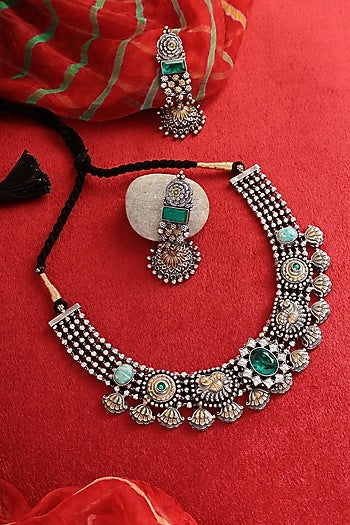 Two-Tone Finish Kemp stone & Green Jade Stone Handcrafted Temple Necklace Set In Sterling Silver