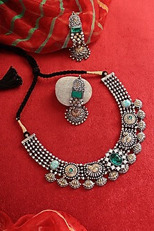 Two-Tone Finish Kemp stone & Green Jade Stone Handcrafted Temple Necklace Set In Sterling Silver