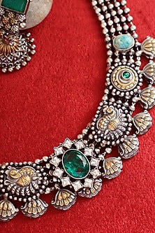 Two-Tone Finish Kemp stone & Green Jade Stone Handcrafted Temple Necklace Set In Sterling Silver