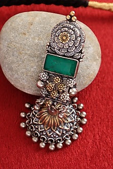 Two-Tone Finish Kemp stone & Green Jade Stone Handcrafted Temple Necklace Set In Sterling Silver