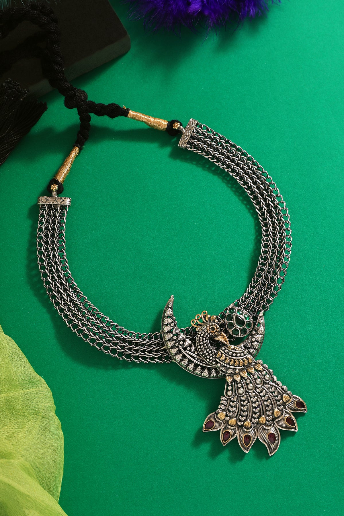 Two-Tone Finish Kemp stone Peacock Handcrafted Temple Necklace In Sterling Silver