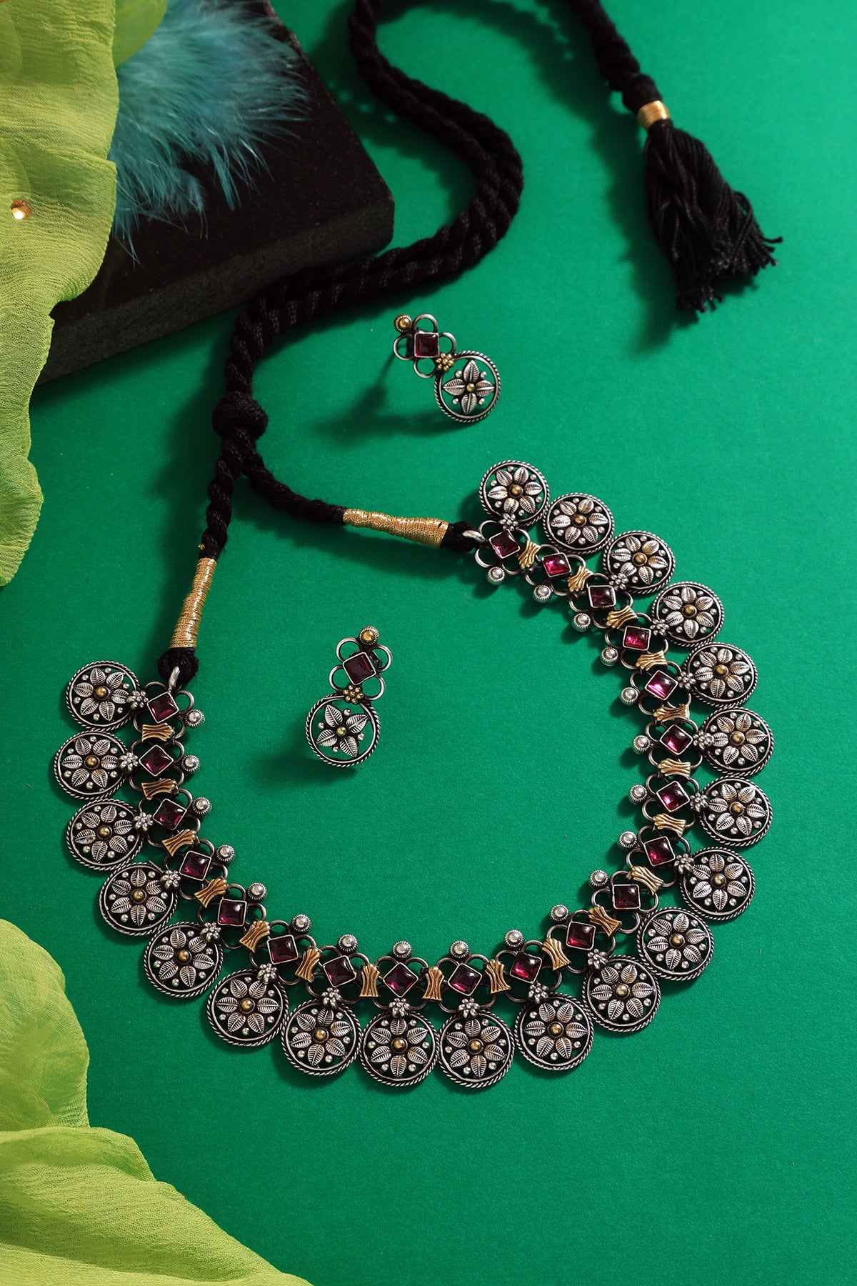 Two-Tone Finish Red Kemp stone Handcrafted Temple Necklace Set In Sterling Silver