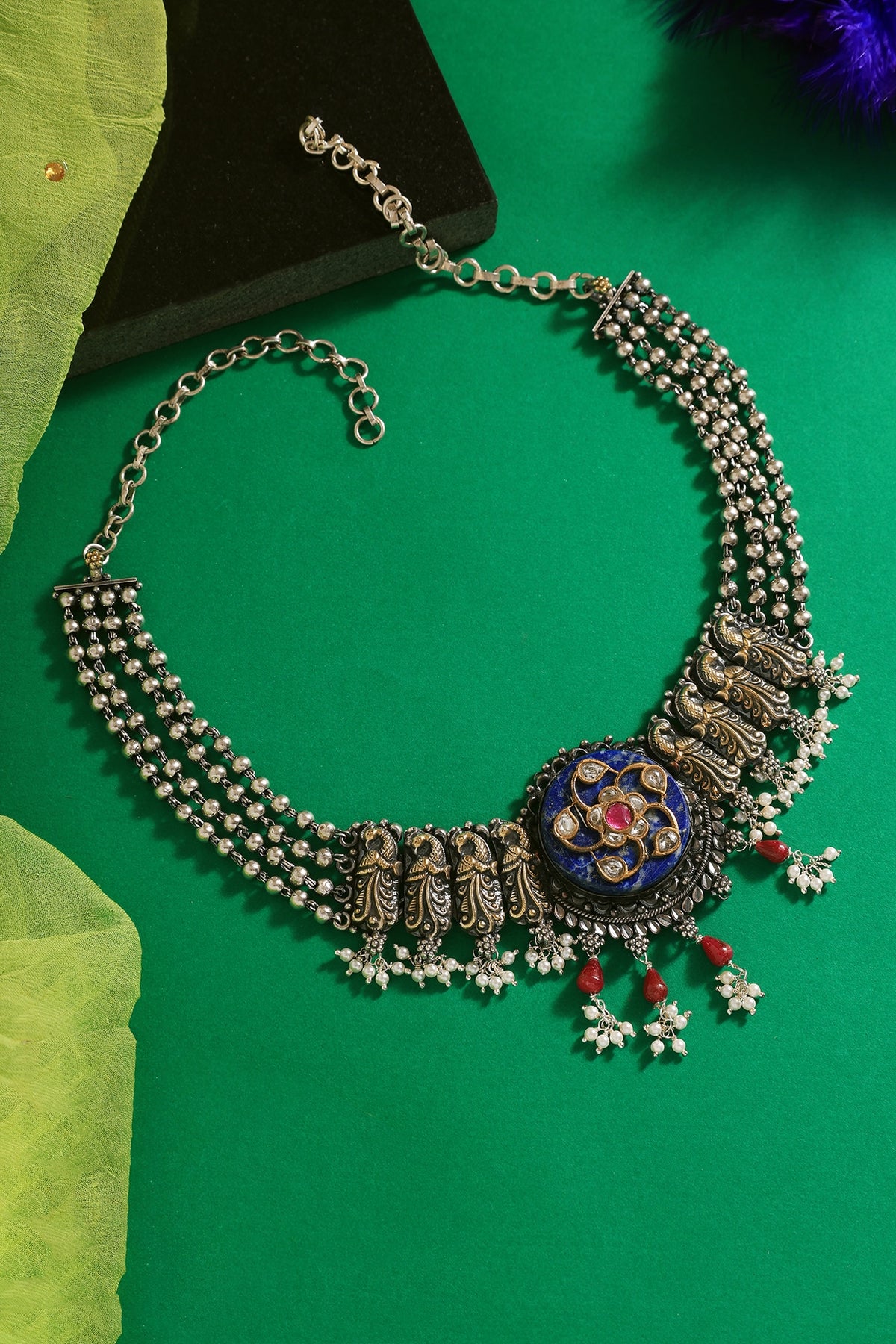 Two Tone Finish Lapis & Kundan Polki Temple Choker Necklace In Sterling Silver