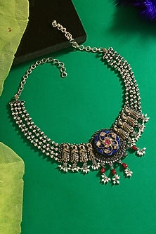 Two Tone Finish Lapis & Kundan Polki Temple Choker Necklace In Sterling Silver