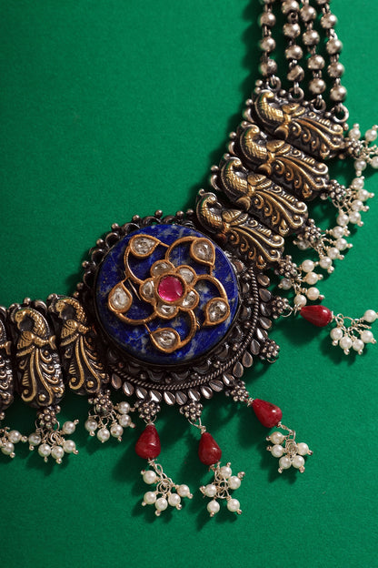 Two Tone Finish Lapis & Kundan Polki Temple Choker Necklace In Sterling Silver