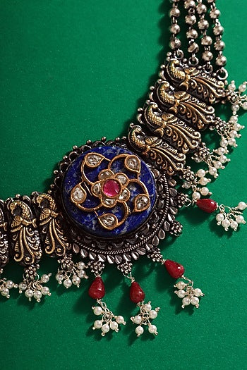 Two Tone Finish Lapis & Kundan Polki Temple Choker Necklace In Sterling Silver