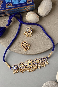 Gold Plated Kundan Polki Temple Choker Necklace Set In Sterling Silver