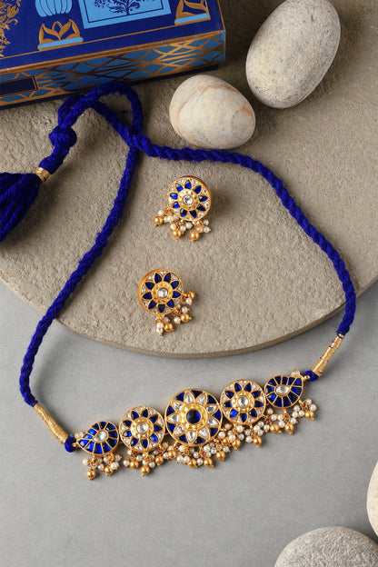 Gold Plated Kundan Polki Temple Choker Necklace Set In Sterling Silver