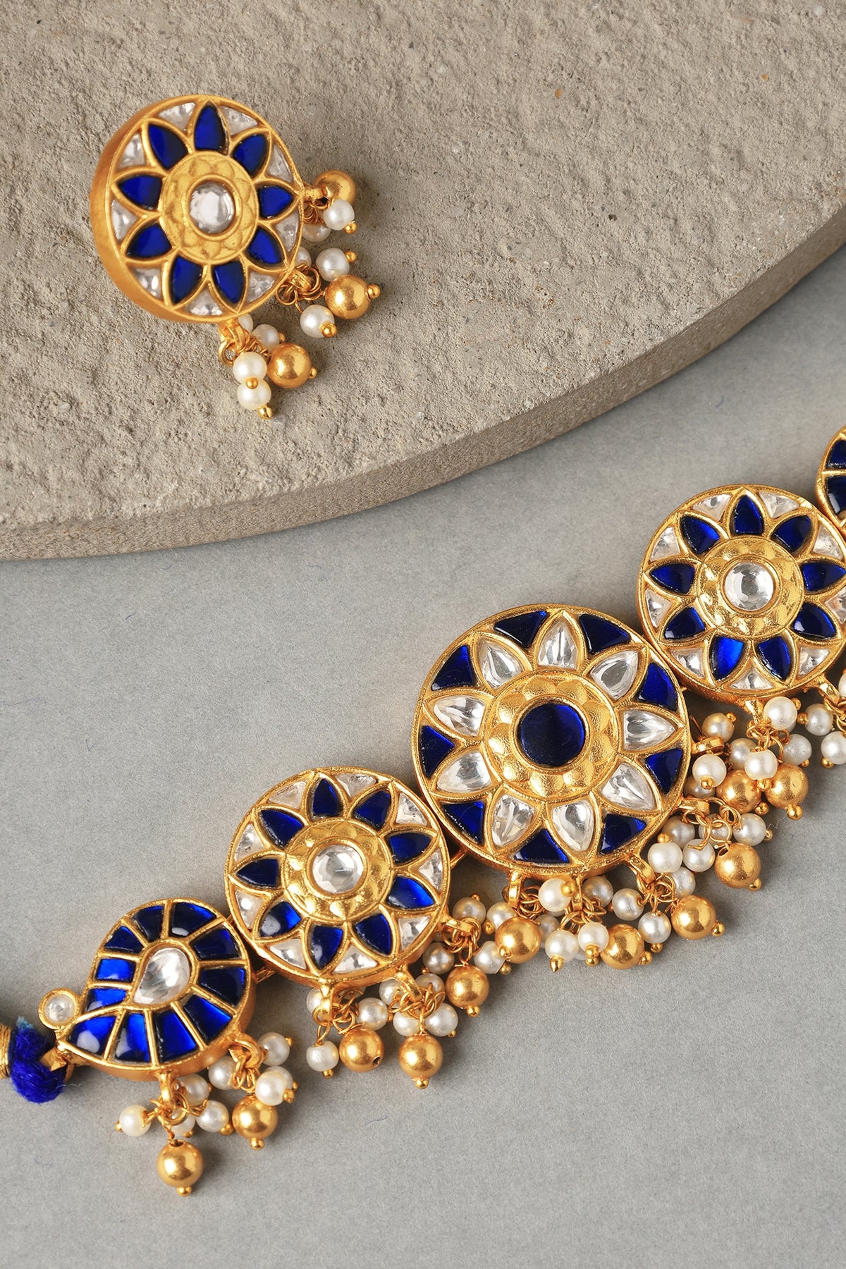 Gold Plated Kundan Polki Temple Choker Necklace Set In Sterling Silver