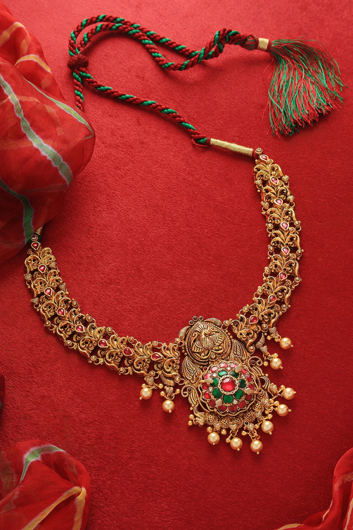 Gold Plated Kundan Polki & Pearl Temple Necklace In Sterling Silver