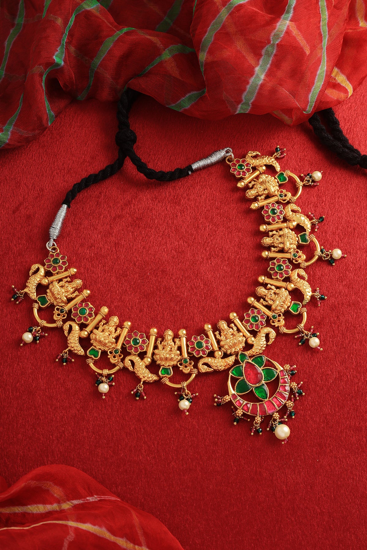 Gold Plated Kundan Polki & Pearl Temple Necklace In Sterling Silver
