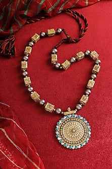 Gold Finish Turquoise Stone & Pearl Long Temple Necklace In Sterling Silver