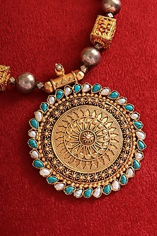 Gold Finish Turquoise Stone & Pearl Long Temple Necklace In Sterling Silver