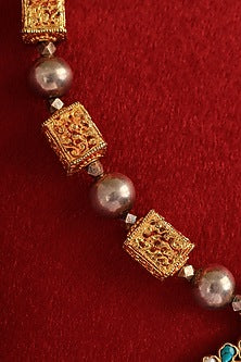 Gold Finish Turquoise Stone & Pearl Long Temple Necklace In Sterling Silver