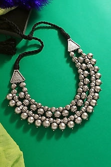 White Finish Beaded Vintage Tribal Necklace In Sterling Silver