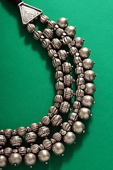 White Finish Beaded Vintage Tribal Necklace In Sterling Silver