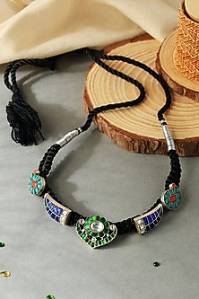 White Finish Blue Kundan Polki Temple Thread Choker Necklace In Sterling Silver
