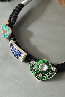 White Finish Blue Kundan Polki Temple Thread Choker Necklace In Sterling Silver