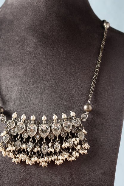 White Finish Moissanite Temple Necklace In Sterling Silver