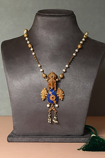 Gold Finish Lapis Stone & Pearl Temple Necklace In Sterling Silver