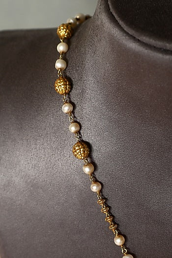 Gold Finish Lapis Stone & Pearl Temple Necklace In Sterling Silver