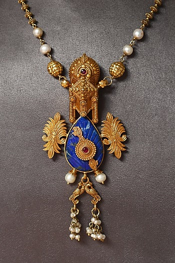 Gold Finish Lapis Stone & Pearl Temple Necklace In Sterling Silver
