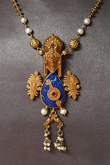 Gold Finish Lapis Stone & Pearl Temple Necklace In Sterling Silver