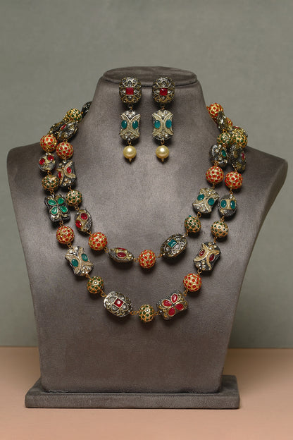 Gold Finish Ruby & Emerald Temple Necklace Set In Sterling Silver