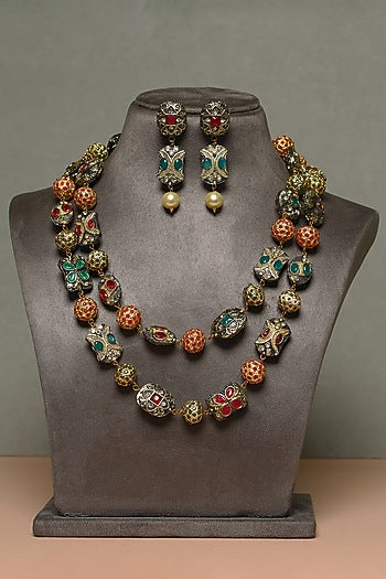 Gold Finish Ruby & Emerald Temple Necklace Set In Sterling Silver