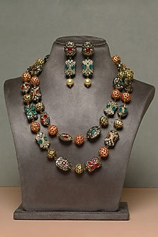 Gold Finish Ruby & Emerald Temple Necklace Set In Sterling Silver