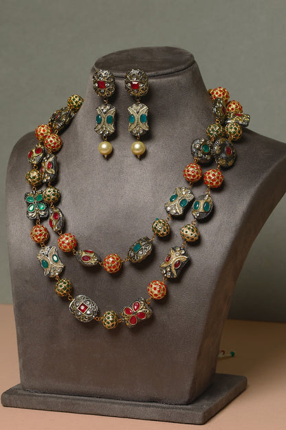 Gold Finish Ruby & Emerald Temple Necklace Set In Sterling Silver