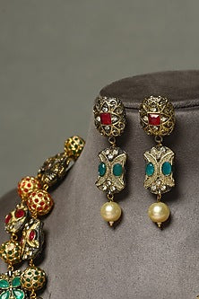 Gold Finish Ruby & Emerald Temple Necklace Set In Sterling Silver